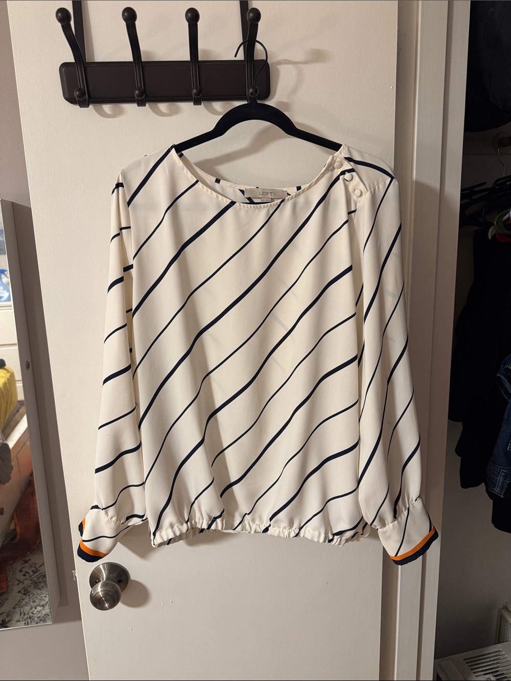 LOFT Cream Blouse with Navy Diagonal Stripes and Orange Cuff Trim